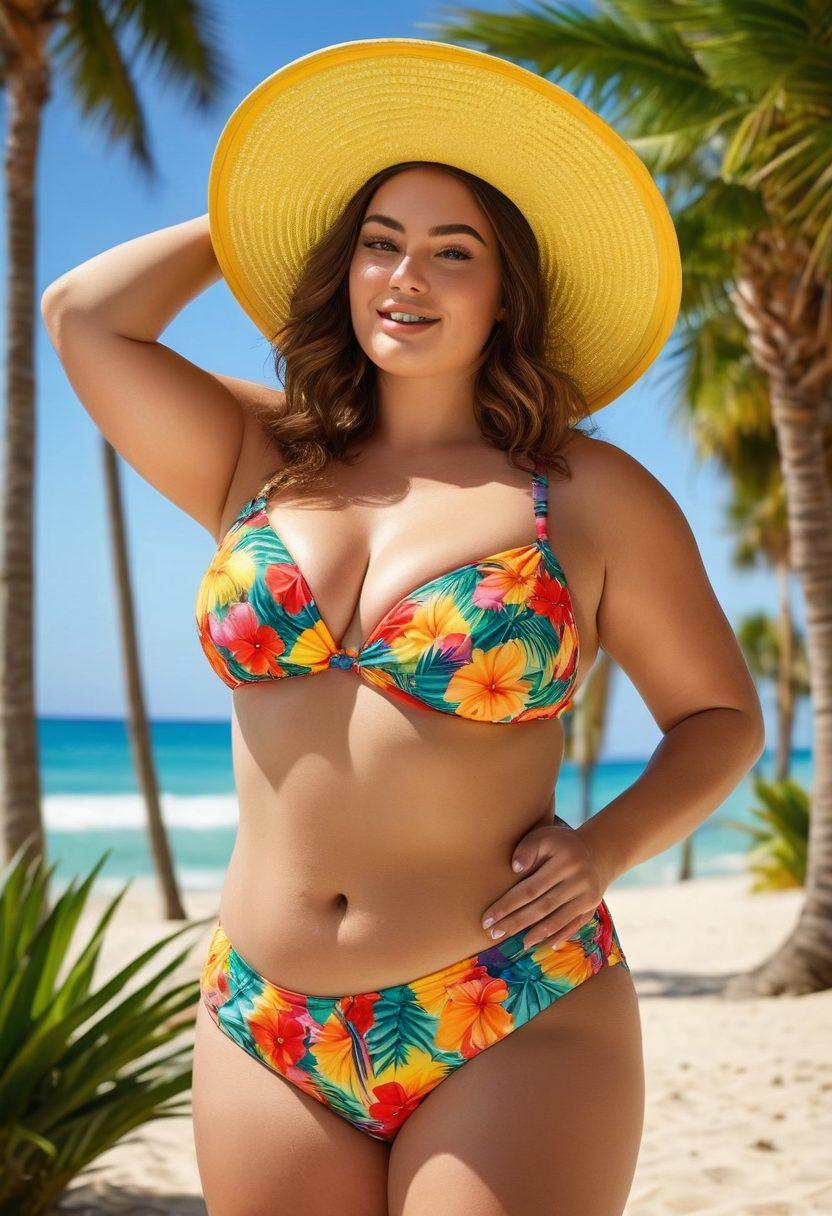 A confident plus-sized woman in a colorful and playful bikini, posing against a sunlit beach backdrop. Emphasize her curves with a playful expression, surrounded by tropical flowers and palm trees. Add elements like a beach ball and a sunhat to enhance the fun vibe. Include vibrant colors to evoke a lively summer atmosphere. super-realistic. vibrant colors. tropical setting.